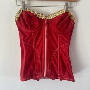 Lady Marlene Vintage Red With Gold Shimmer Sequin Detail Strapless‎ Corset 34D